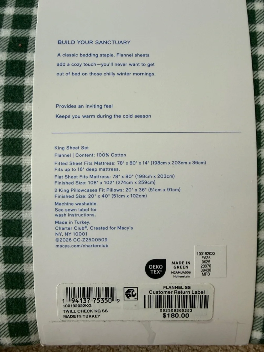 Charter Club Dark Green and White Plaid Flannel King Sheet Set